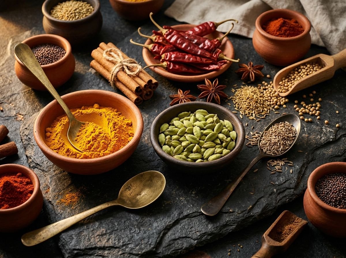 An assortment of Indian spices in bowls